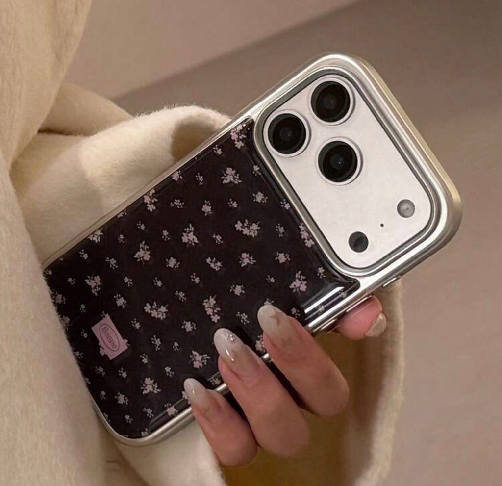 iPhone 13/14 - Black Floral Silver Frame Case