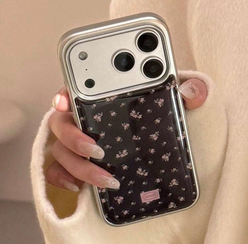 iPhone 13/14 - Black Floral Silver Frame Case