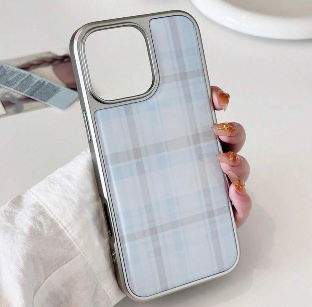 iPhone 16 - Blue Plaid with Silver Frame Case