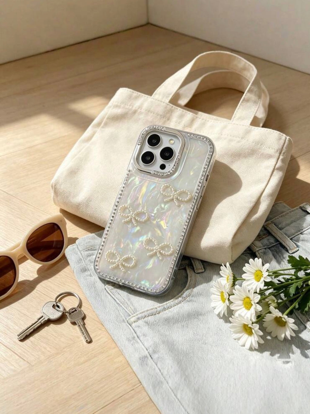 iPhone 15Plus - 3D Pearl Bowknot Shell Case