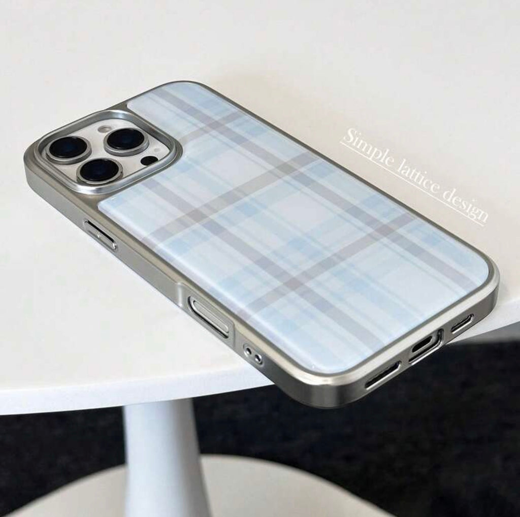 iPhone 16 - Blue Plaid with Silver Frame Case