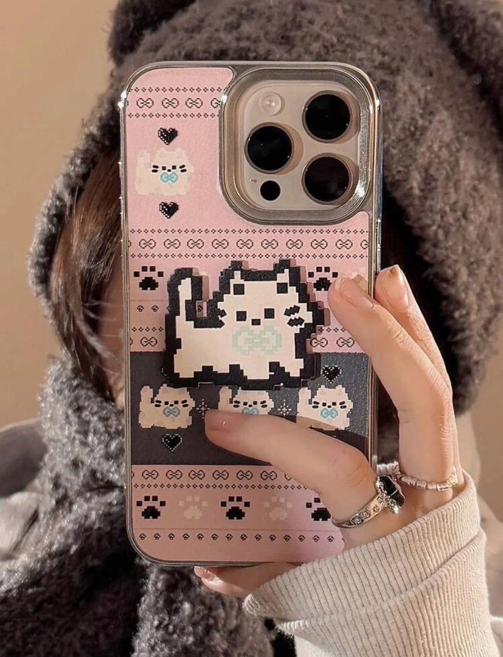 iPhone 15 - 3D Cat Silver Frame Case