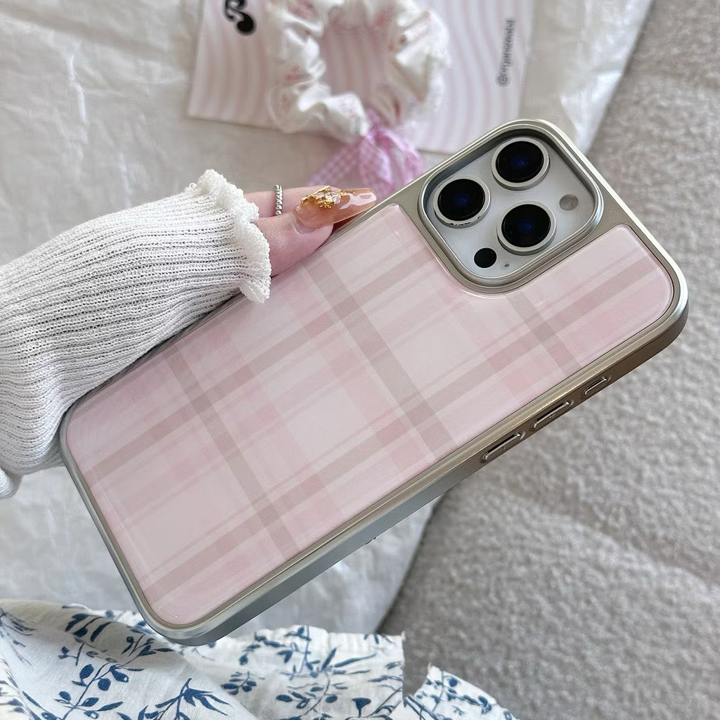 iPhone 17Promax - Pink Plaid with Silver Frame Case