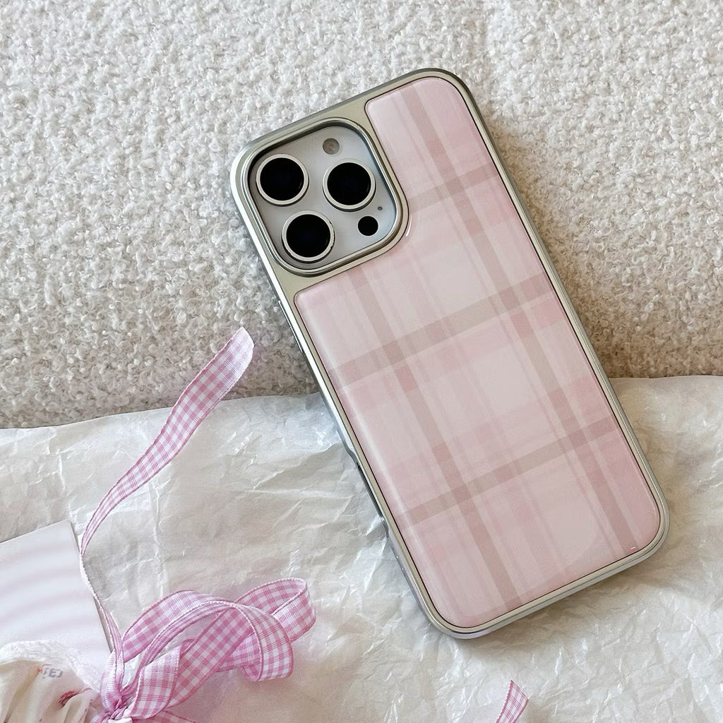 iPhone 17Promax - Pink Plaid with Silver Frame Case