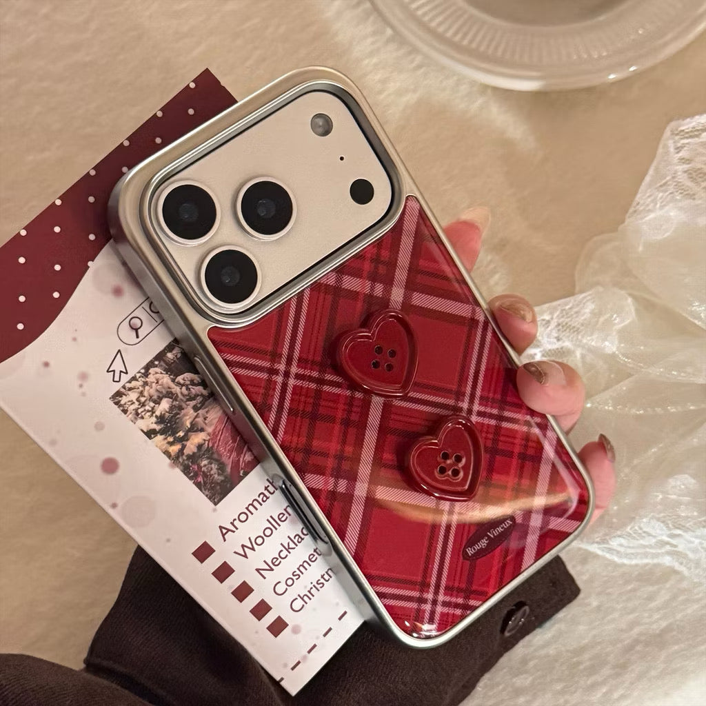 iPhone 17Promax - Burgundy Plaid with Silver Frame Case