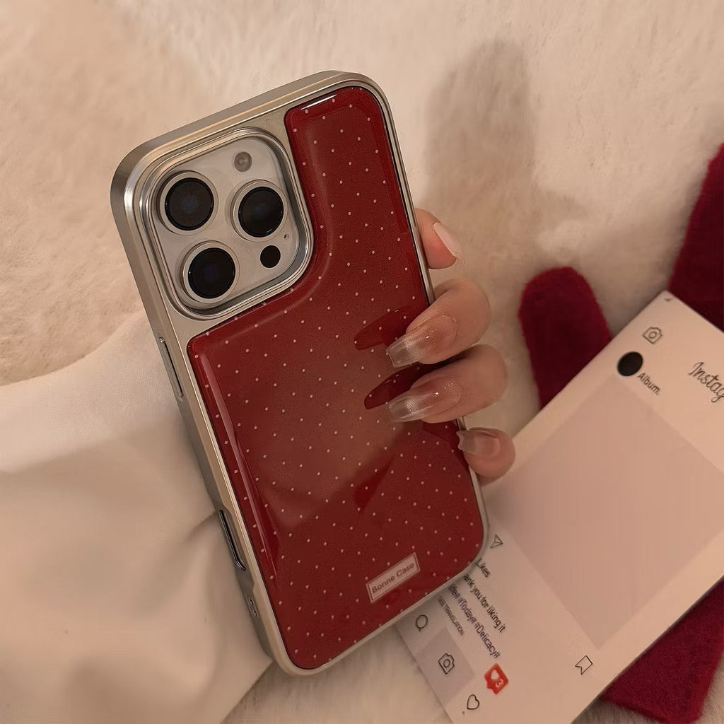 iPhone 17 - Burgundy Polka with Silver Frame Case